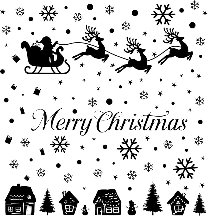 Merry Christmas Wall Decals, Black Santa Reindeer and Snowflake Window Clings, Removable Vinyl Wall Stickers for Holiday Party Bedroom Living Room Offices Home Decoration