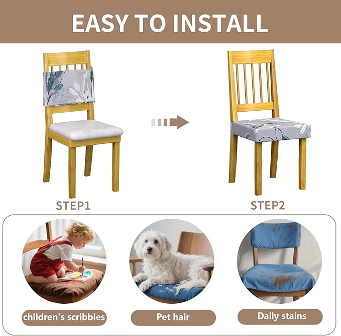 Stretch Dining Chair Seat Covers Set of 6,Dining Chair Slipcovers, Floral Printed Chair Covers,Soft Fabric Washable Upholstered Chair Seat Protector, No Rear Covers for Home Kitchen Dining Room