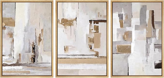 SIGNWIN Framed Canvas Print Wall Art Set Abstract Geometric Neutral Beige and White Illustrations Modern Art Decorative Rustic Calm/Zen for Living Room, Bedroom, Office - 16"x24"x3 Natural