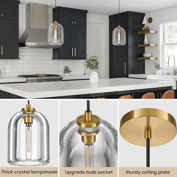 Crystal Pendant Light Kitchen Island: 5.1" Vintage Brass Hanging Lights above Dining Table - Modern K9 Crystals Lighting over Kitchen Sink - Luxury Gold Cylinder Pendants Light Fixtures Bulbs Included