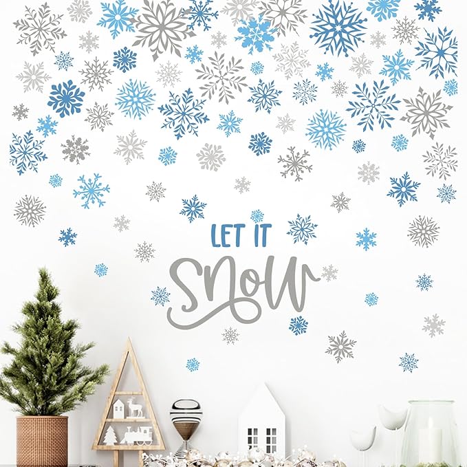 Mfault Winter Blue Grey Snowflake Wall Decals Stickers, Let It Snow Decorations Bedroom Art, Christmas Seasonal Home Living Room Kitchen Decor