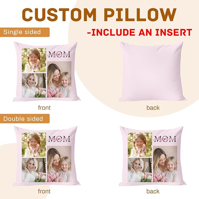 Custom Pillow with Picture & Text - Include Insert, Personalized Gifts for Mothers Day, Custom Photo Pillow Double-Sided Printing | 5 Sizes & 10 Colors Optional, Custom Keepsake Gifts for Loved One