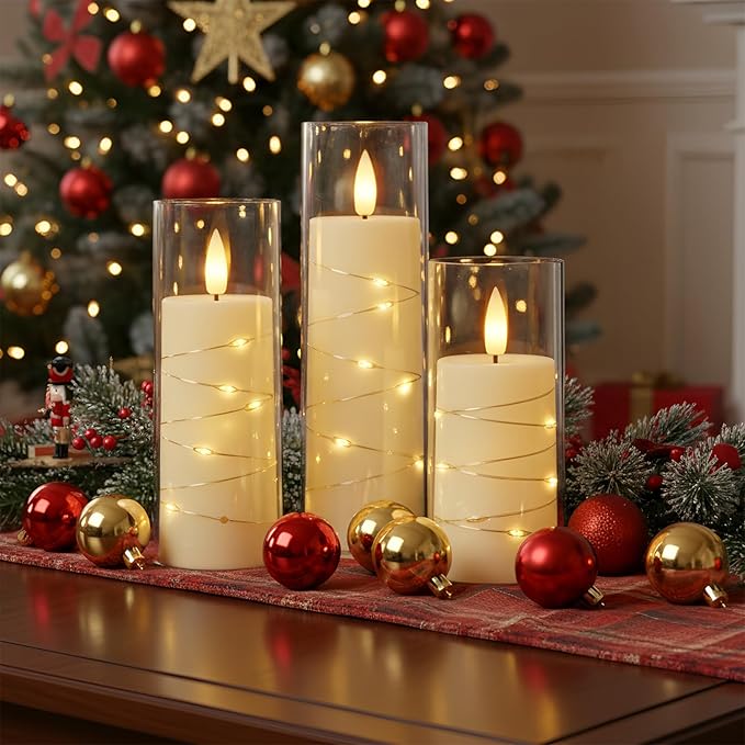 Raycare Flameless Candle with Remote Timer, 3 Flickering Acrylic Battery Operated LED Pillar Candles with Embedded Star String for Christmas, Home Decor, and as a Gift(Ivory)