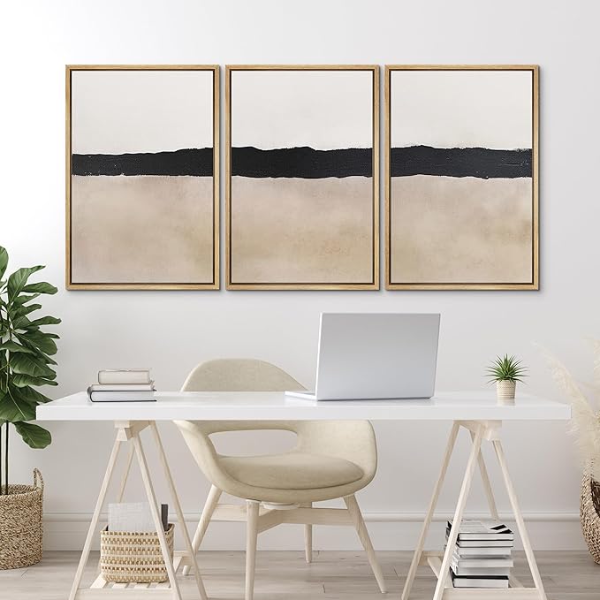 MUDECOR Framed Wall Art Print Set Minimalist Abstract Black Horizontal Brushstroke Illustrations Modern Art Boho Decorative Colorful Chic for Living Room, Bedroom, Office - 16"x24"x3 Natural
