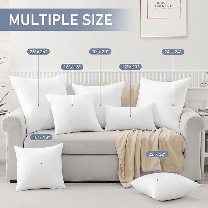 Leeden 24x24 Pillow Inserts, 24 Inch Decorative Throw Pillow Inserts, Soft Fluffy Square Throw Pillows for Couch, Sofa, Bed, and Home Decor White Cushion Pack of 2