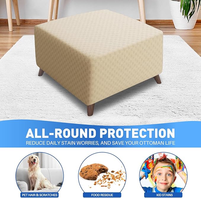 MAXIJIN Jacquard Ottoman Cover Slipcovers Folding Storage Stool Furniture Protector Cover Soft Thick Rectangle Foot Rest Slipcover with Elastic Bottom (Ottoman Small, Light Beige)