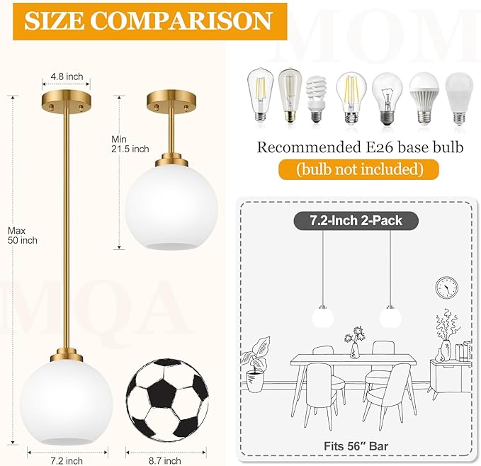 2 Pack 7.2-Inch Globe Pendant Lights, Mid Century Gold Pendant Light Fixtures, Globe Pendant Lights Kitchen Island with Milk Glass Shade Adjustable Hanging Fixture for Dining Room (Bulbs not Included)
