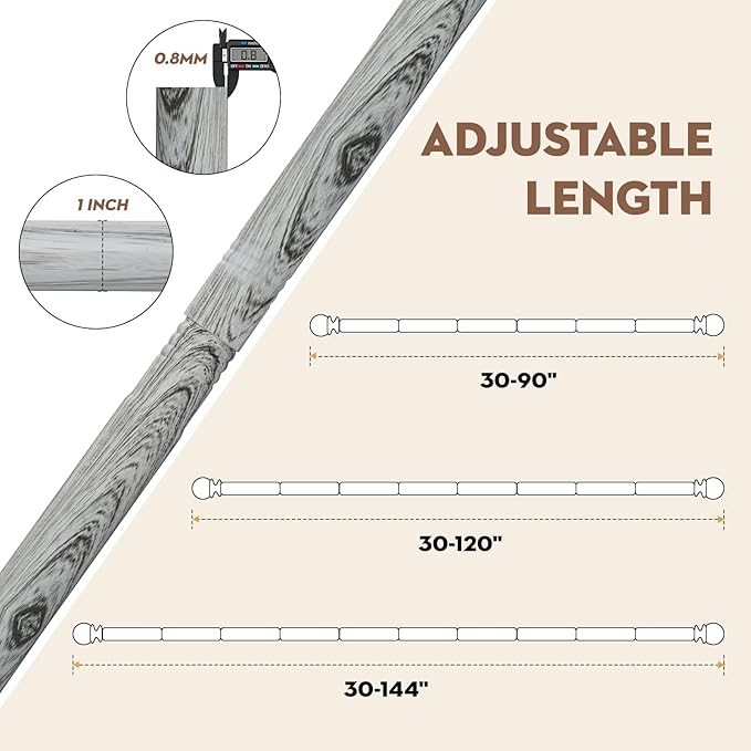 Wood Curtain Rods for Windows 72 to 144, 1 inch Telescopic Adjustable Heavy Duty Long Curtain Rod with Adjustable Brackets, Easy Install & Modern Finials, Fits Various Room Styles, White