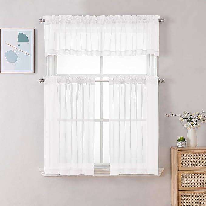 Gwine White Sheer Curtain Tiers 24 Inch Length, Light Filtering Voile Short Curtain for Living Room Bedroom, Rod Pocket Cafe Curtains for Small Windows 42x24 Inch, 2PCS