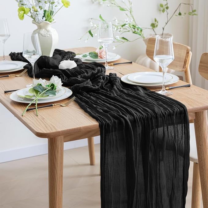 Asee'm Cheesecloth Table Runner Christmas 120 Inches Long Black Boho Gauze Cheese Cloth Runner 10FT Rustic Sheer Fall Table Runners for Thanksgiving Wedding Party Baby Shower Decoration
