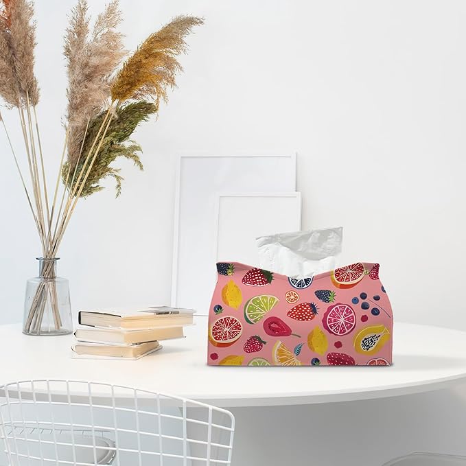 Pink Cute Fruit Tissue Box Cover Rectangle,Pink Cottagecore Strawberry Toilet Paper Box Holder,Leather Decorative Facial Paper Case for Living Room Bathroom Kitchen Office Desk,9.8x5.9x5.9In