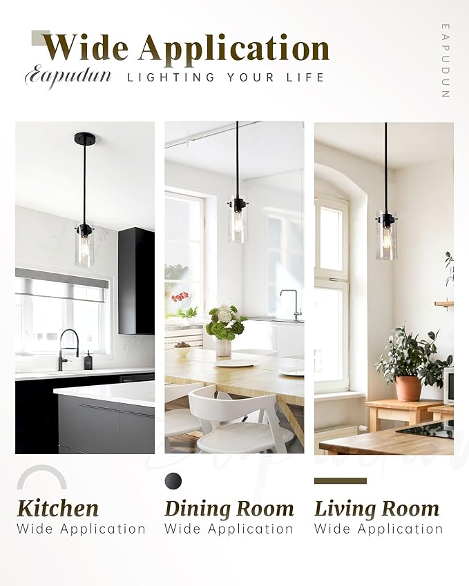 EAPUDUN Pendant Lights (2 Packs), Hanging Lights Fixtures, Clear Glass Shade Kitchen Lighting, Matte Black Farmhouse Kitchen Dining Table Ceiling Lights -PDA1353-B-MBK