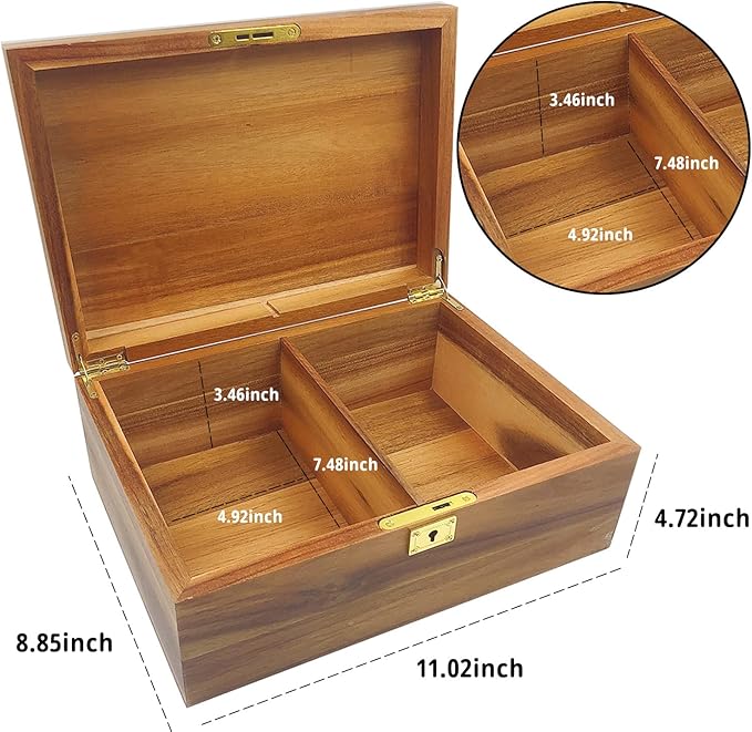 Wood Box Large Decorative Wooden Storage Box with Hinged Lid and Locking Key Premium Acacia Keepsake Chest Box Memory Gift Wooden Boxes 11 X 8.5 X 5 Inches