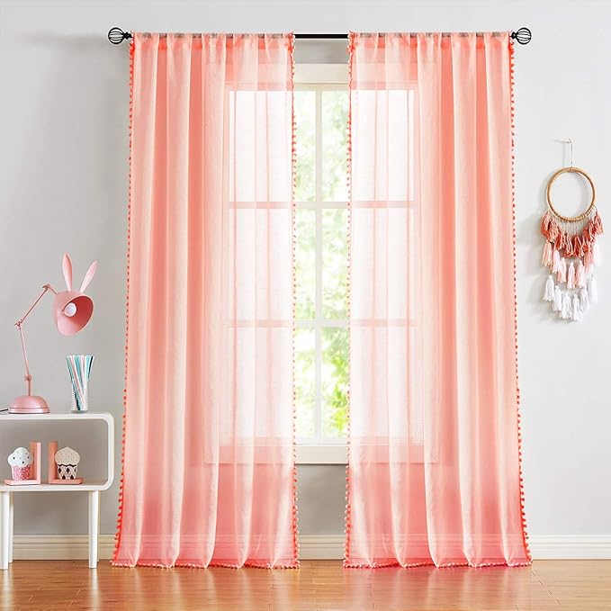 Treatmentex Blush Pink Pompom Sheer Curtains for Bedroom 84" Linen Textured Window Drapes for Living Room Kids Room 2 Panels 52" w