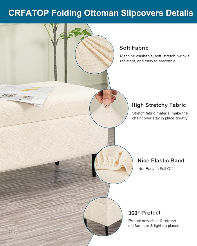CRFATOP Jacquard Rectangle Ottoman Stool Cover Stretch Folding Storage Footstool Bench Slipcovers Upholstered Foot Chest Chair Covers Washable Entryway Furniture Protector with Elastic Bands,S,Beige