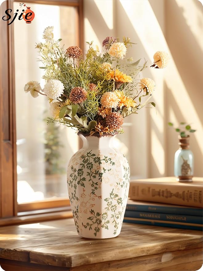 Vintage Ceramic Vase - 9 Inch Hand-Painted Flowers with Ice Crackle Glaze Finish, American Farmhouse Style Pitcher Vase for Home Decor, Centerpiece, Shelf, Table, Office
