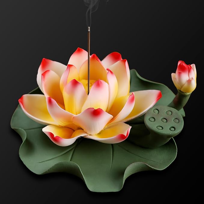 Lotus Incense Burner - Incense Burner Holder for Home Incense Holder Decor Incense Holder for Sticks Yoga, SPA (Z2-Red Yellow)