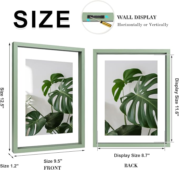 Egofine 9x12 Floating Frames Set of 2, Double Plexiglass Picture Frame, Made of Solid Wood Display Any Size Photo up to 9x12, Wall Mount or Tabletop Standing, Green