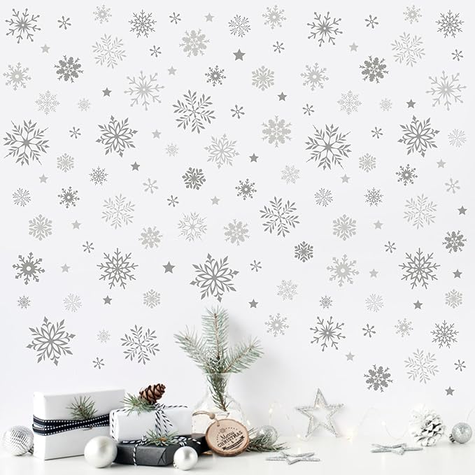 Mfault Winter Grey Snowflake Wall Decals Stickers, Gray Snow Stars Decorations Bedroom Art, Christmas Seasonal Home Living Room Kitchen Decor