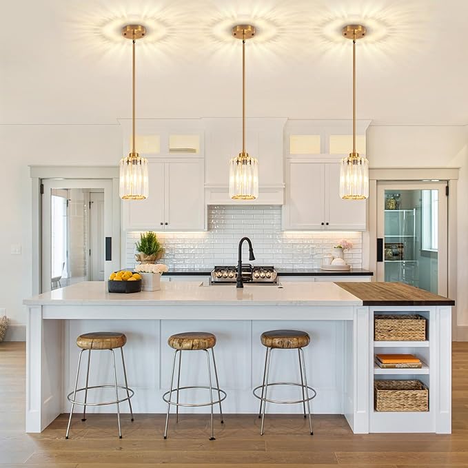 3 Pack Pendant Lights Kitchen Island, Modern Gold Crystal Pendant Light Fixtures Over Island, Mini Chandelier Hanging Pendant Lights for Kitchen Hallway Dining Room Bedroom