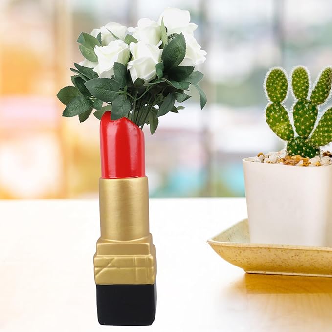 Creative Lipstick Shape Vase, Modern Flowers Pot Unique Vase Beautiful Resin Exquisite Realistic Lipstick Shape Decorative for Book Shop Coffee Shop (Gold)