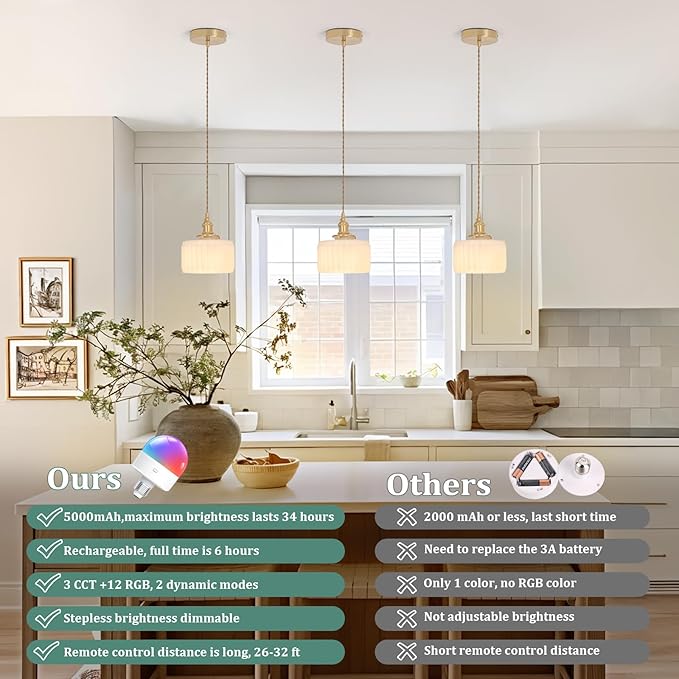 Battery Operated Pendant Light 5000mAh Rechargeable Chandelier with Remote Control Wireless Adjustable Hanging White Striped Light for Kitchen Island Dining Room Hallway, 2 Pack