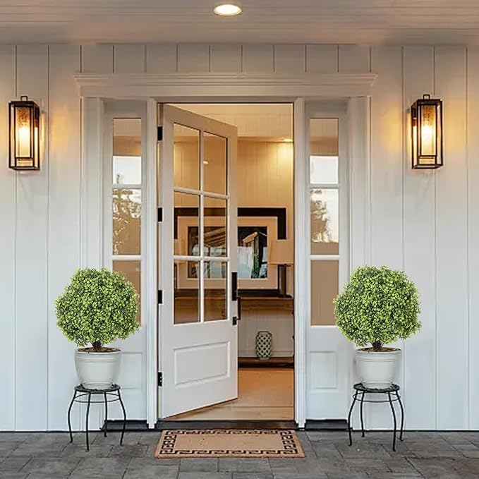 24" Faux Boxwood Plants Outdoor, Artificial Topiary Ball Trees Set of 2, UV Resistant Fake Potted Evergreen Realistic Greenery Bushes Shrubs for Outside Front Porch Planter Patio Indoor Decor 2ft Tall