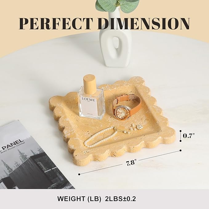 Travertine Scalloped Marble Tray, 7.8in Marble Vanity Tray, Premium Square Jewelry Dish for Perfume Earrings Keys Necklaces, Golden Decorative Tray for Bathroom, Unique Stone Dish, Decor Gift