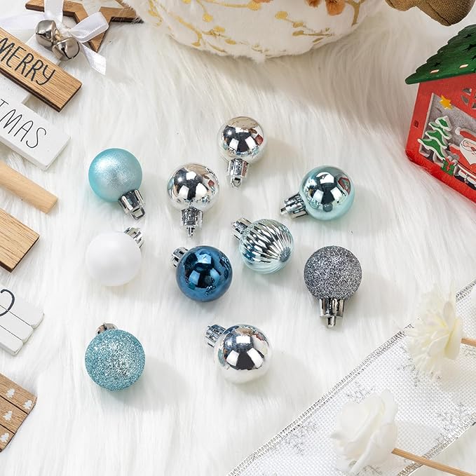 100 Pcs Mini Christmas Ball Ornaments Set, 1.18'' Silver and Blue Small Shatterproof Xmas Tree Ornament Hanging Ball Bulk Decorations for Holiday Party, Wreath, Garland, Winter Decor