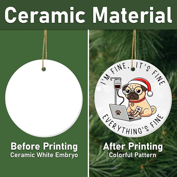 Funny Pug Dog Ornament 2025 – Everything’s Fine Coffee Lover Hanging Xmas Decor, Cute Stressed Pug Christmas Tree Ornament for Dog Owners & Humor Gifts