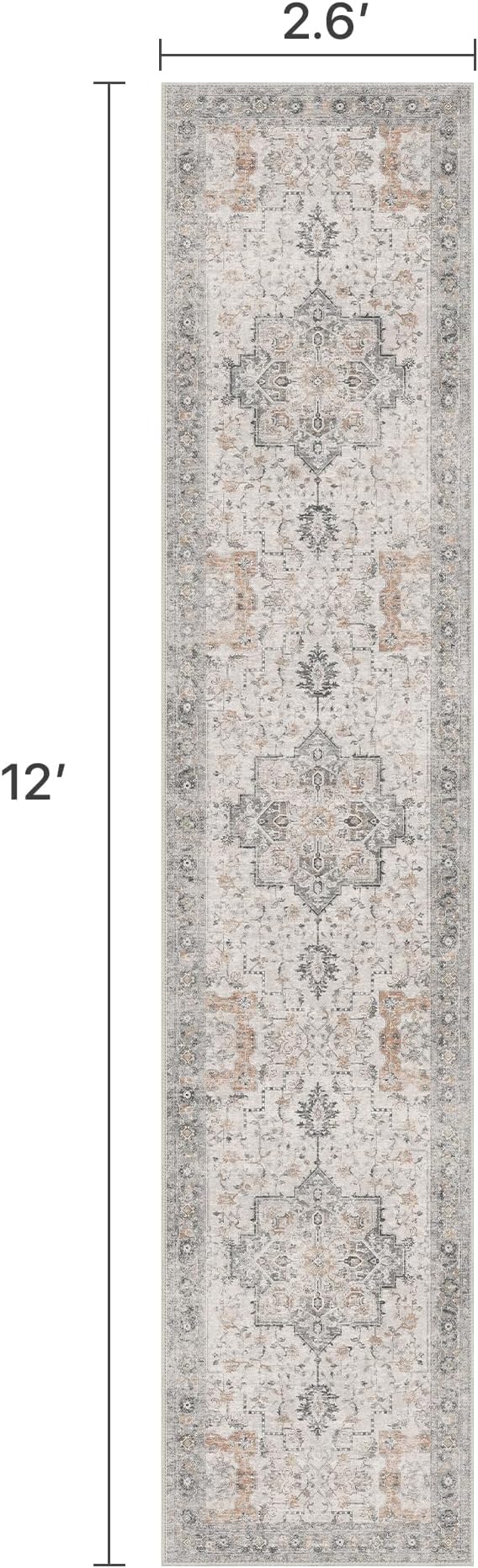 Runner Rug 2'6''x12, Non Slip Vintage Hallway Runner Rugs, Low Pile Lightweight Machine Washable Mat for Hallway, Entryway, Bedroom, Kitchen and Corridor, Light Taupe Brown