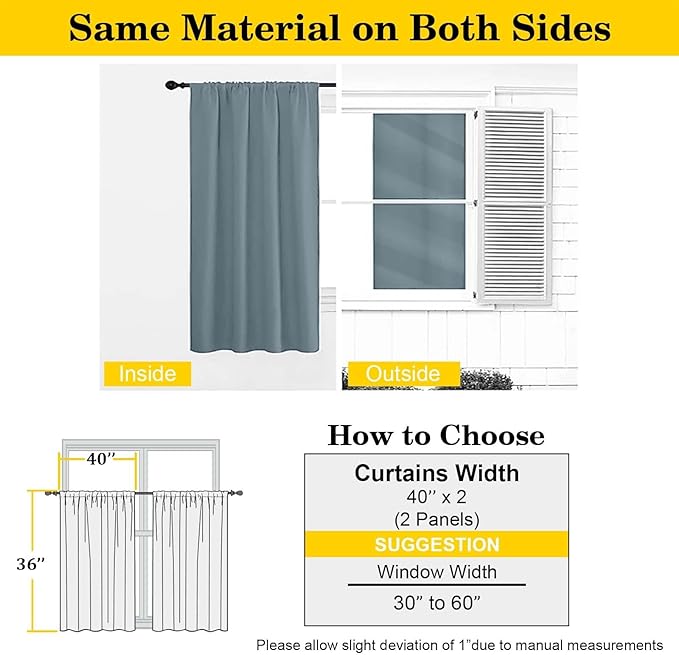 Stone Blue Cafe Blackout Curtains 36 Inch Length 2 Panels Set, Soft Solid Thermal Insulated Room Darkening Small Window Curtains for Kitchen Bathroom Basement, Stone Blue, Each, 40" Wx36 L