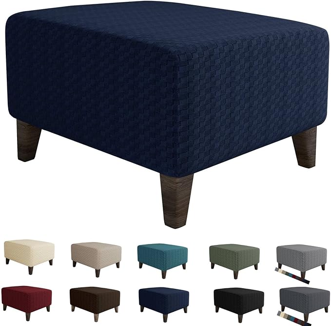MAXIJIN Jacquard Ottoman Cover Slipcovers Folding Storage Stool Furniture Protector Cover Soft Thick Rectangle Foot Rest Slipcover with Elastic Bottom (Ottoman Large, Navy Blue)