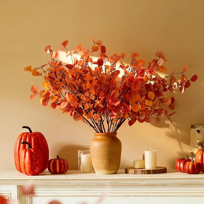 Yastouay Fake Fall Flowers Thanksgiving Table Decor, 15Pcs Fall Orange Faux Artificial Flowers for Decorations, Babys Breath Artificial Flowers Bulk for Thanksgiving Fall Decor Floral Arrangement