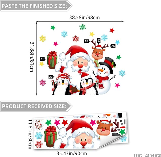 Christmas Wall Stickers Decor- Flower Wall Decals Peel and Stick Xmas Santa, Reindeer, Gifts Removable Wall Art for Home Party Office Classroom Winter Holiday (E)