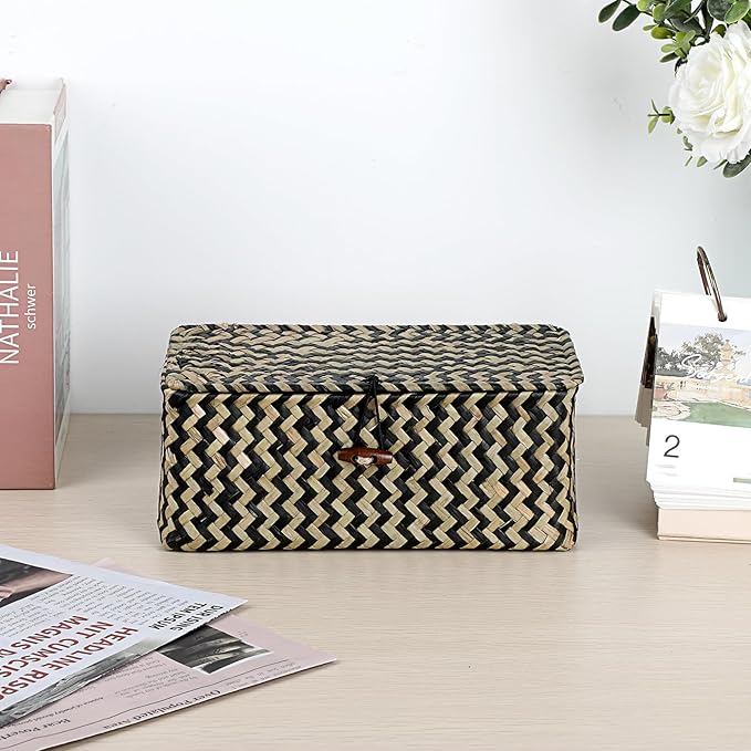 Hipiwe X-small Wicker Basket with Lid Natural Seagrass Storage Baskets Box Handwoven Household Organizer Box Multipurpose Woven Storage Basket for Shelf Closet,Black