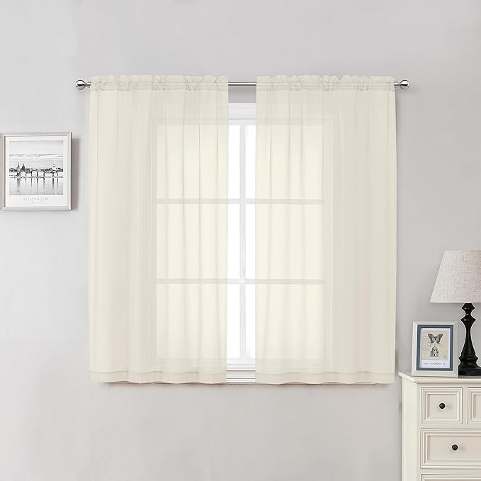 Lecloud Cream Sheer Curtains 54 Inch Length 2 Panels, Voile Airy Curtains for Bedroom Windows, Light Filtering Elegant Tulle Window Treatments with Dual Rod Pocket, Each Panel 42 X 54 Inch