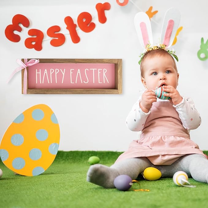 Happy Easter Sign, Wooden Pink Easter Table Top Decorations for Home Indoor, Spring Wood Decorative Signage Wall Art Living Room Tabletop Centerpieces Mantel Shelf Office Desk Rustic Decor