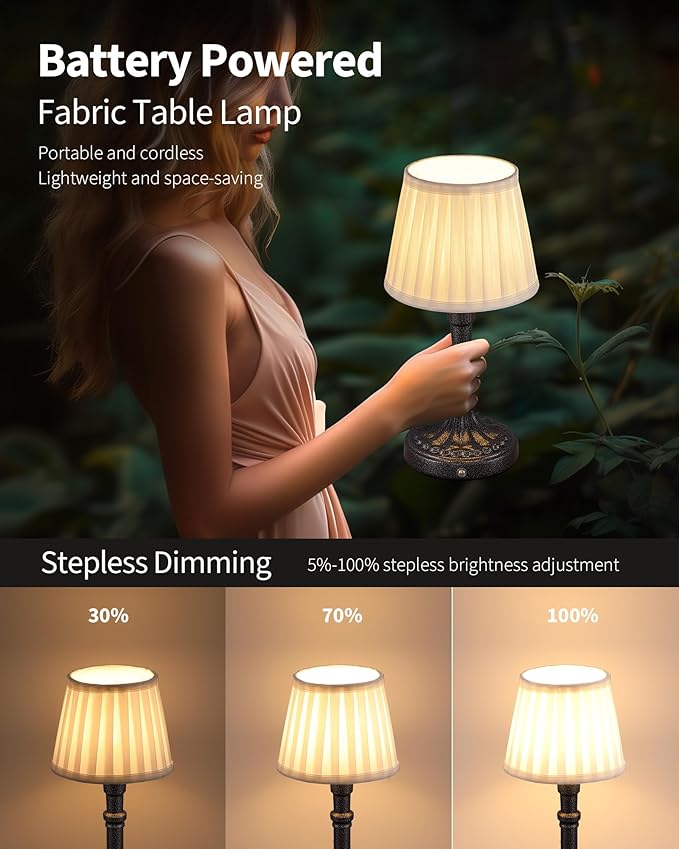 KDG Cordless Portables Table Lamp Set of 2, LED Fabric Shade Small Desk Lamps, 4000mAh Battery Powered Lighting, 2700K Stepless Dimmable Light for Living Room, Dining Room, Bedroom (Mottled Silver)