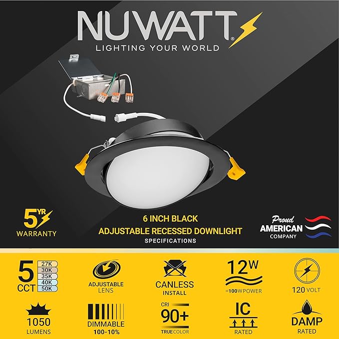 NUWATT 12 Pack, 6 inch Black Gimbal LED Recessed Lighting Canless Wafer Lights, 5CCT 2700K/3000K/3500K/4000K/5000K Selectable, Dimmable 1050LM, 12W, Directional Recessed Light for Sloped Ceilings, ETL