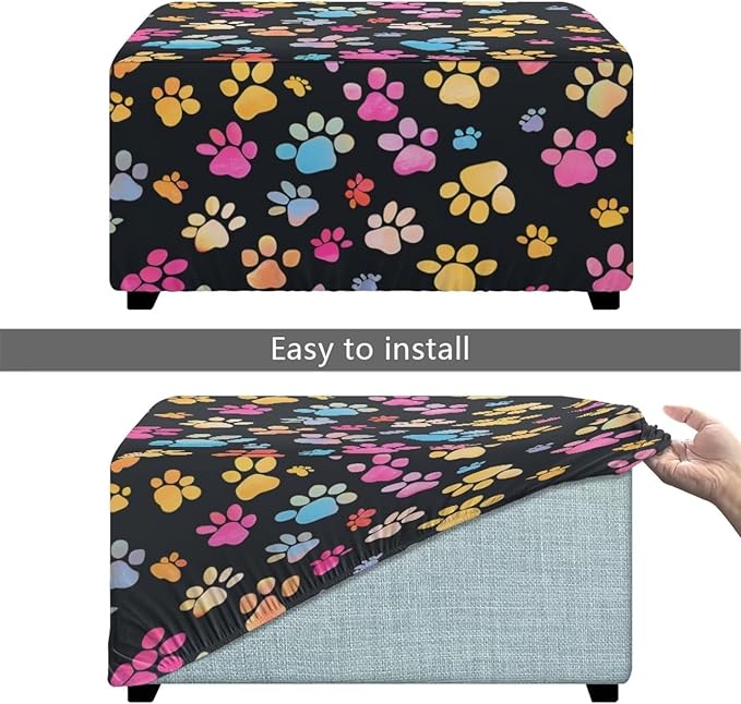 Colorful Paw Stretch Ottoman Slipcover Easy to Install Rectangular Footstool Cover Form Fit Folding Storage Furniture Protector for Living Room Sofa Footstool 33X30X15 Inch