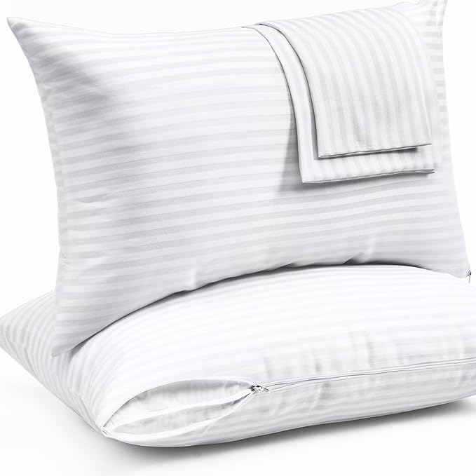 Ultra Soft Pillow Protectors with Zipper Standard Size - Set of 4 Breathable Pillow Covers - 100% Protection Against Stains, Dust & Dirt - Machine Washable (Dark White)