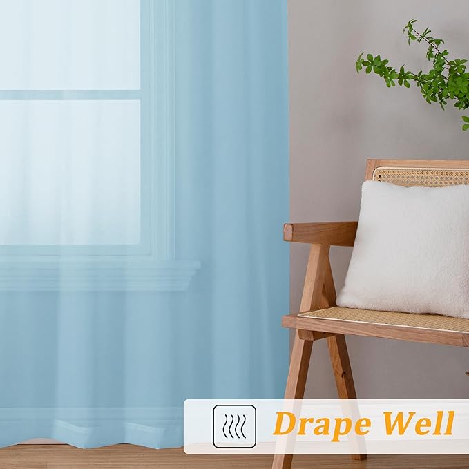 Gwine Sky Blue Sheer Curtain Tiers 24 Inch Length, Light Filtering Voile Short Curtain for Living Room Bedroom, Rod Pocket Cafe Curtains for Small Windows 42x24 Inch, 2PCS