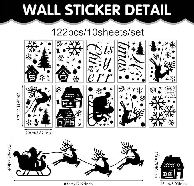 Merry Christmas Wall Decals, Black Santa Reindeer and Snowflake Window Clings, Removable Vinyl Wall Stickers for Holiday Party Bedroom Living Room Offices Home Decoration