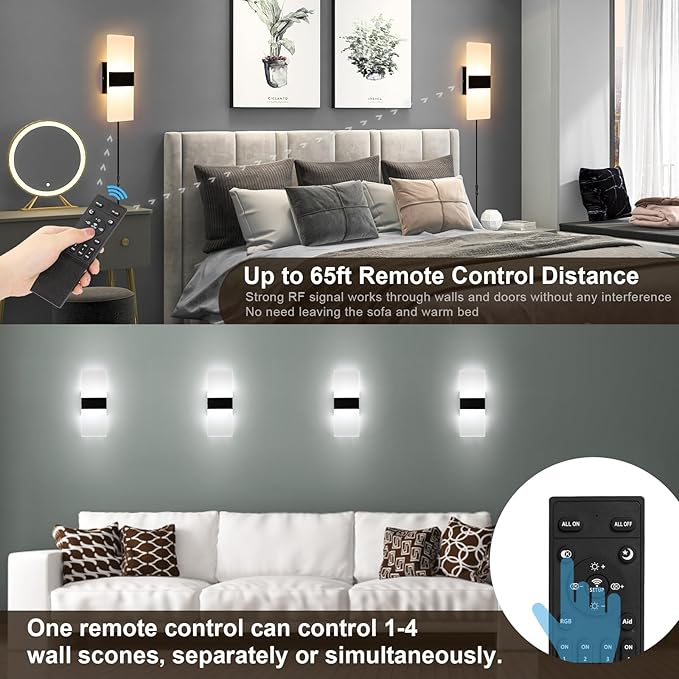 4 Pack Plug in Wall Sconces with Remote Control, Dimmable, Adjustable 3000K-6500K Colors, Black 12W Acrylic LED Plug in Wall Light, Wall Lamps for Bedroom Living Room Hallway Stair