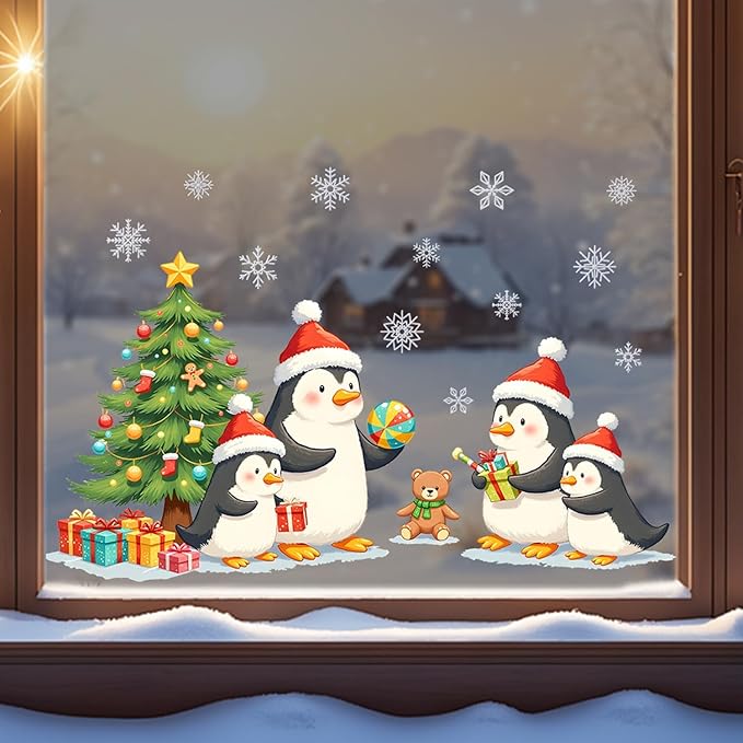 Penguin Christmas Wall Decals | Peel and Stick Holiday Decorations with Santa Hats, Gifts & Tree – Removable Snowflake Vinyl Stickers for Winter Wall, Window, Living Room, Office & Seasonal Displays