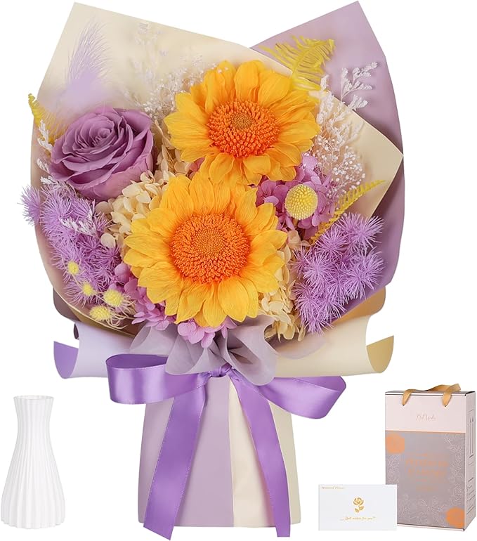 Preserved Sunflower Bouquet - Forever Flowers for Delivery, Purple Rose That Last 3 Years, Eternal flowers Bouquet for Her Mother Mom Wife Friends Birthday Sunflower Gifts for Women