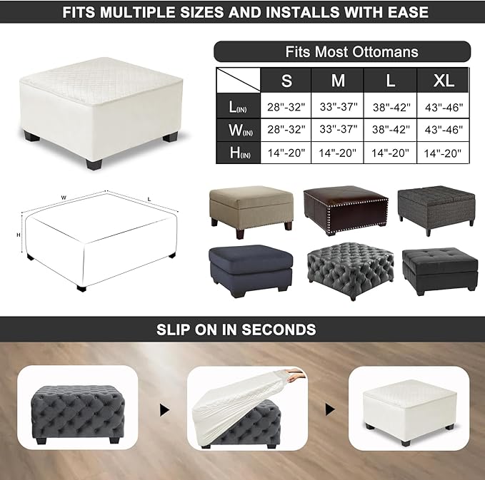NeColorLife Waterproof Square Ottoman Cover,Thick Stretch Velvet Slipcover for Footstool,Non-Slip Soft Furniture Protector for Pets and Dogs,Beige,Small