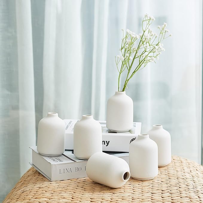 Small White Ceramic Vases Set 6 for Decor, Boho Bud Vases for Dry Flower, 4.1''H x 3''W White Ceramic Vases for Centerpieces, House Plants, Wedding, Home, Modern, Minimalist