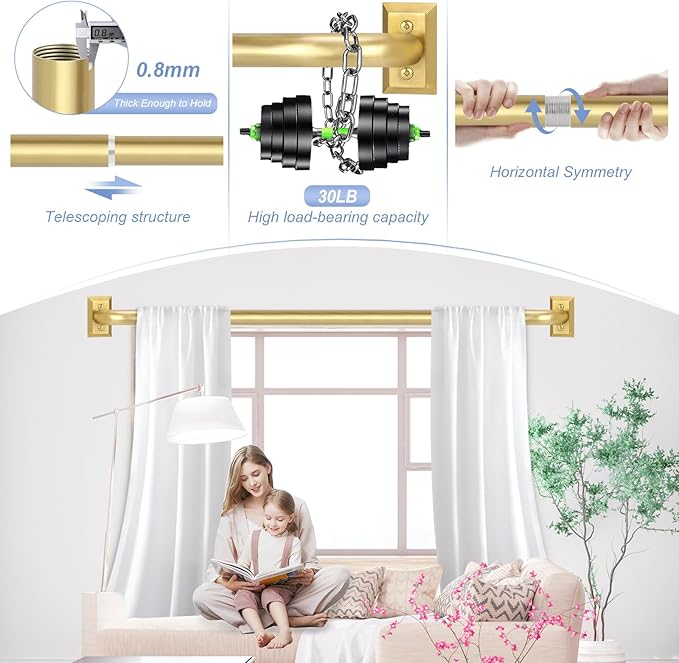 Gold Wrap Around Curtain Rods 2 Pack:Blackout Heavy Duty Adjustable Window Curtain Rod for Bedroom Kitchen,Modern Decorative Curved French Metal Drapery Rods Easy Install,Brushed Gold 48-90"